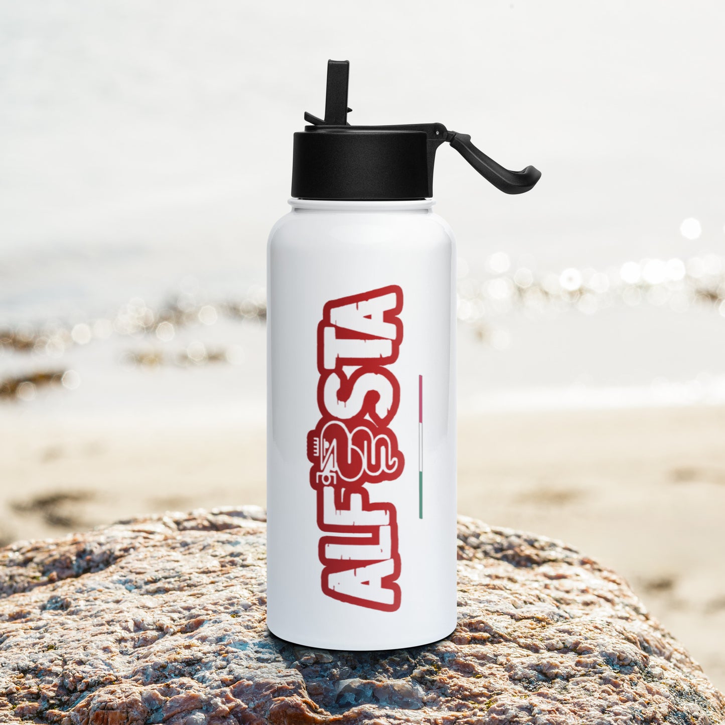 Stainless steel water bottle with lid and straw Alfista logo