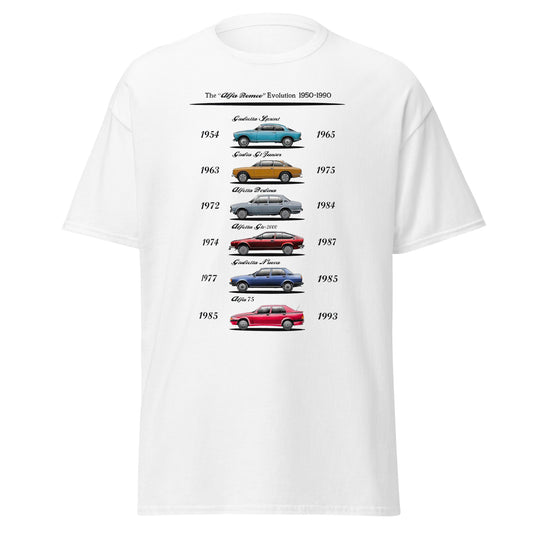 Alfa Romeo t-shirt evolution models from 1950 to 1990